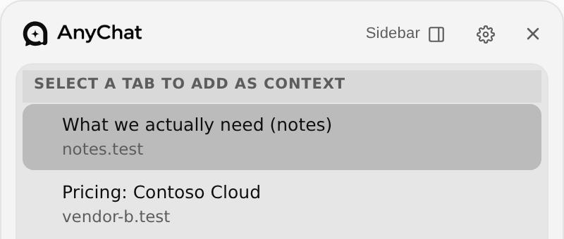 The AnyChat box with an at sign typed, listing the tabs currently open to choose from.