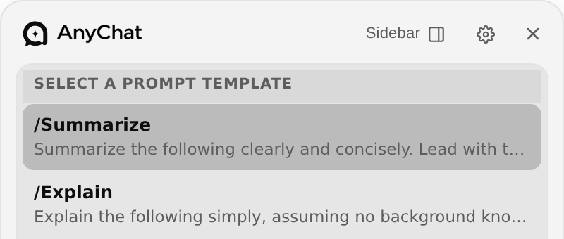 The AnyChat box with a slash typed, listing saved prompts to choose from.